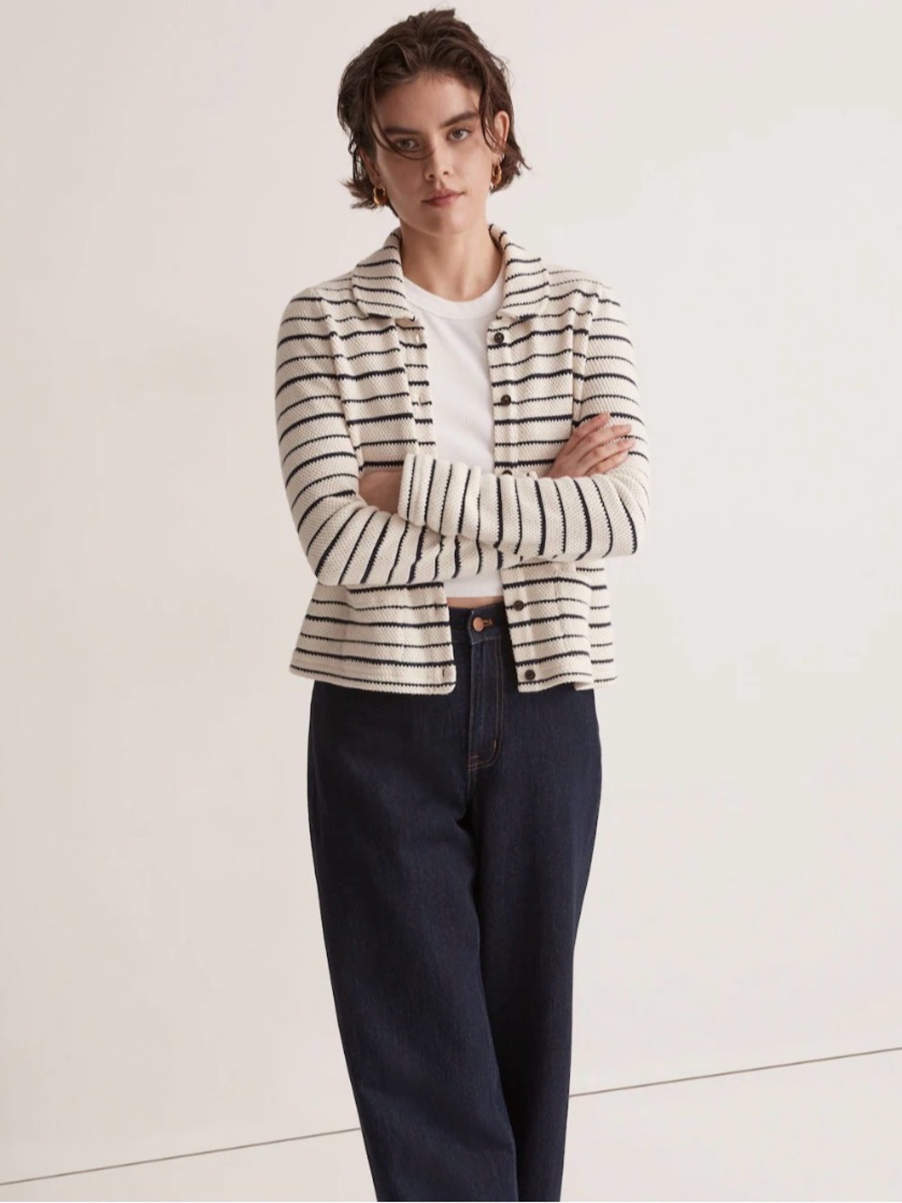 Madewell Cream Sweater Jacket Navy Stripes 100% Cotton